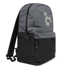 Load image into Gallery viewer, dalmatian motif on grey champion backpack exclusive to pooch and poodle
