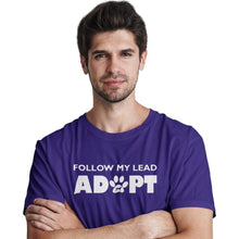 Load image into Gallery viewer, adopt a dog follow my lead purple t-shirt
